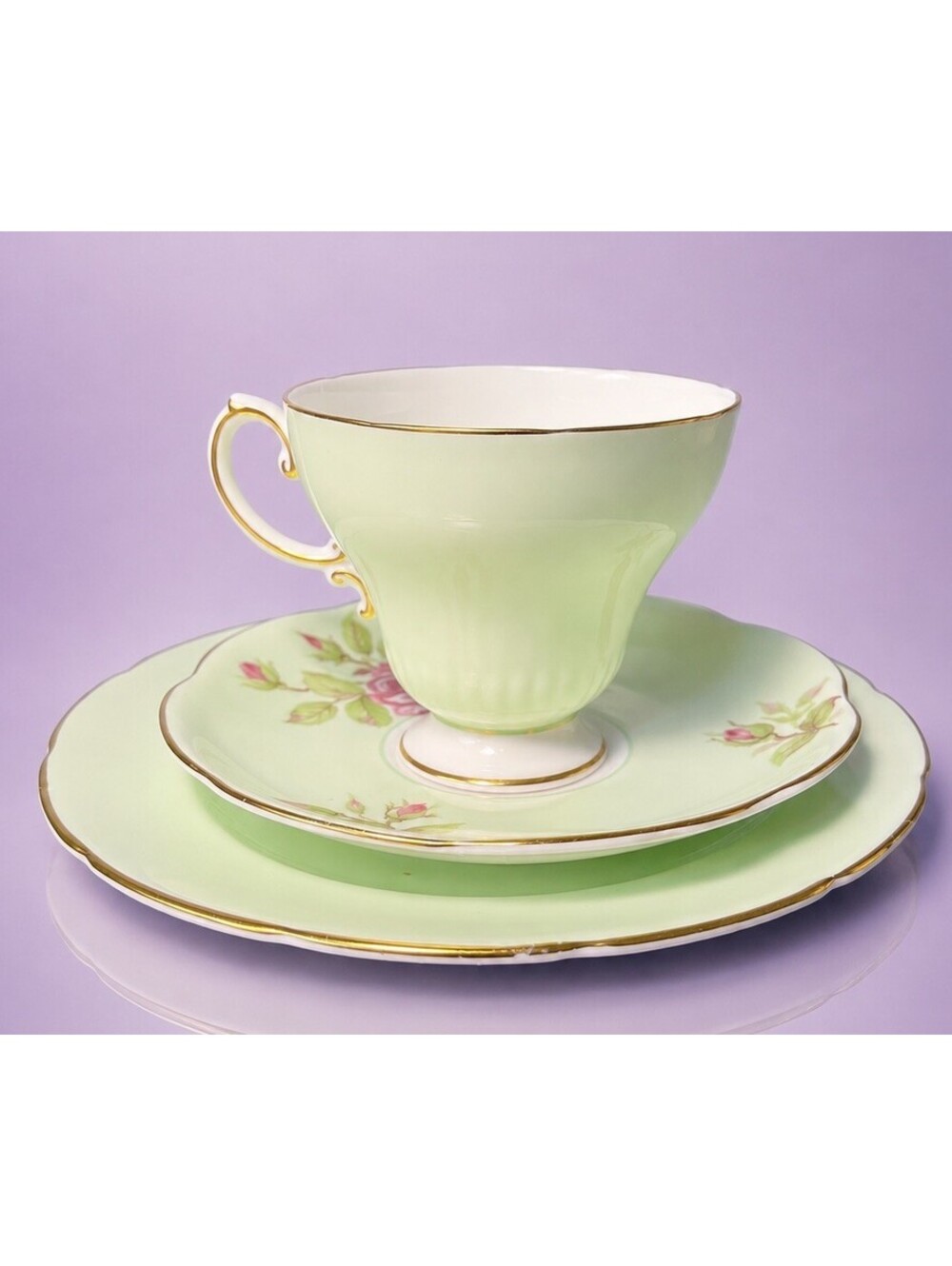 Foley England 1950s Trio Set Cup Saucer Plate Bone China Pink Rose DAMAGED
